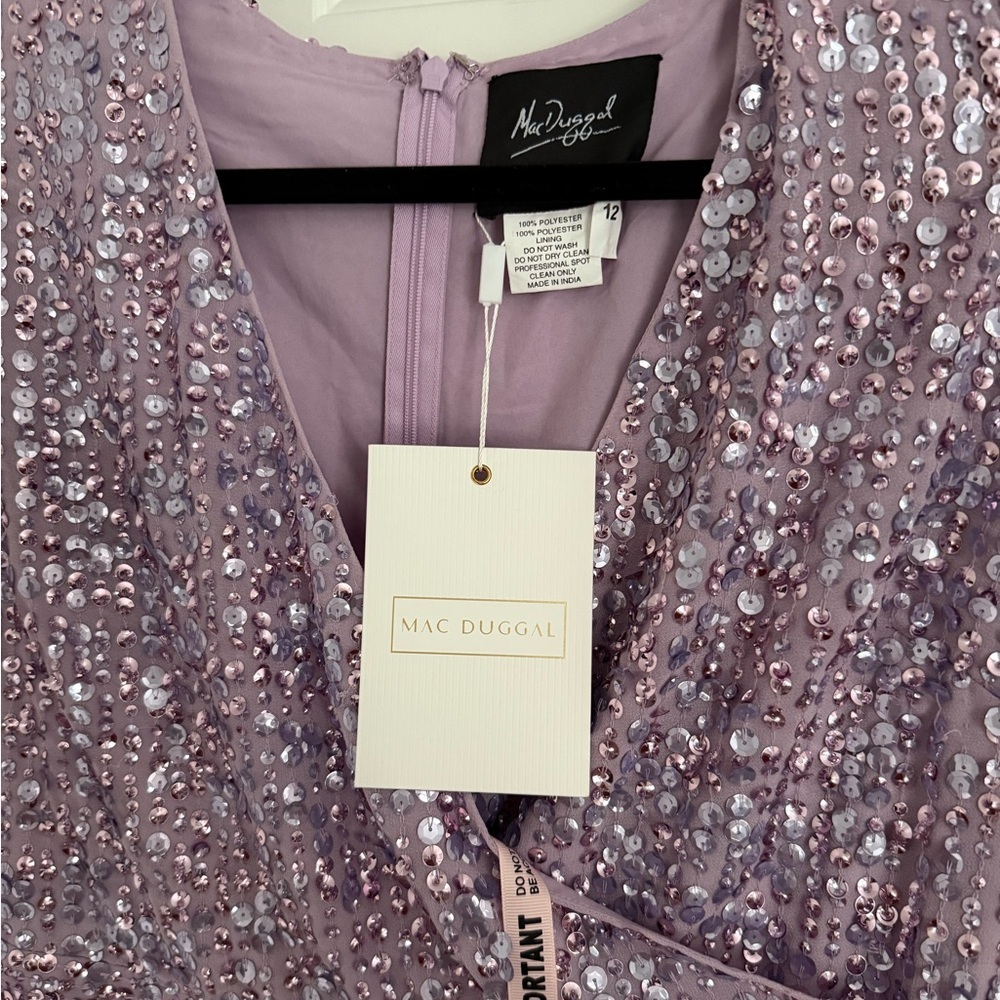 Mac Duggal Purple Sequined Illusion Puff Sleeve V Neck Midi Dress Size 12 NWT - Picture 10 of 10
